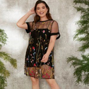 Plus Floral Embroidered Mesh Dress